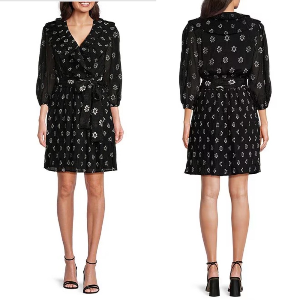 NWT Buru Blanche Floral Print Pleated Split Balloon Sleeve Tie Waist Mini Dress